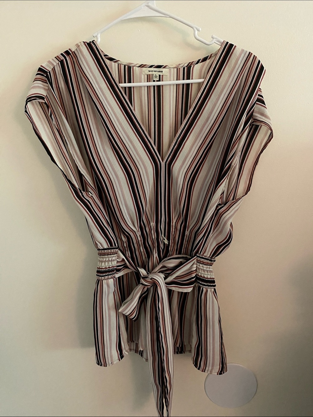 Max Studio Striped Tie-Front V-Neck Tunic - Cream, Pink & Black